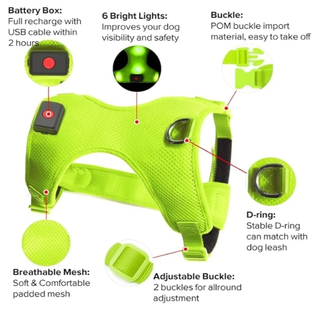 Flashseen LED USB Rechargeable Dog Harness In Neon Green Size M